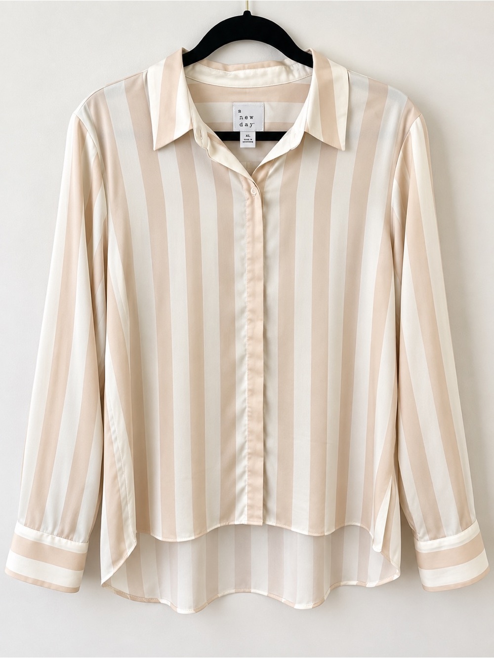 Beige and Cream Stripe Button-Front Blouse